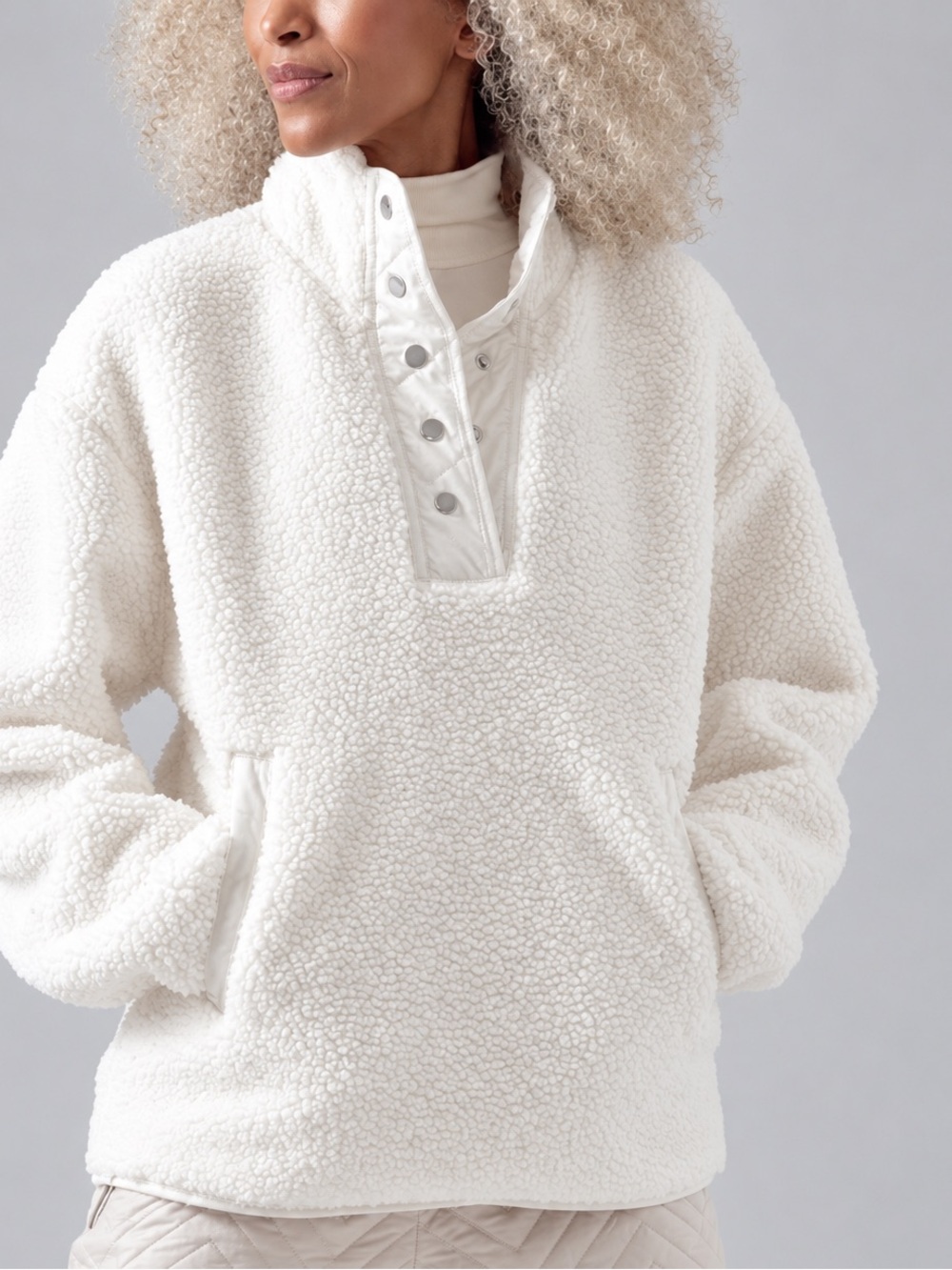 Athleta Cozy Sherpa Snap Sweatshirt Magnolia White Oversized Medium